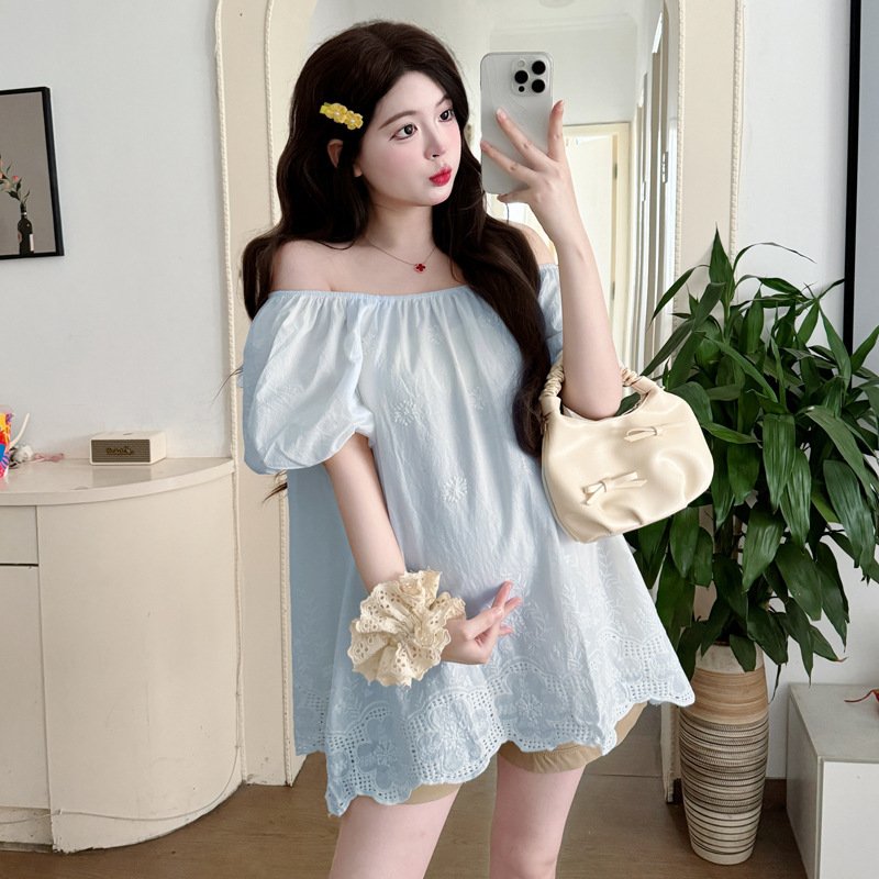 Womens Korean-style Off-shoulder Embroidered Trim Top - Image 6