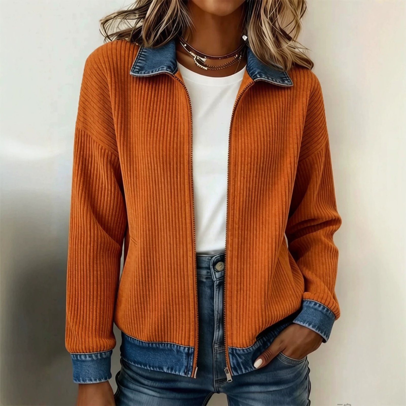 Knitted Patchwork Denim Shirt Womens Cardigan Coat - Image 3
