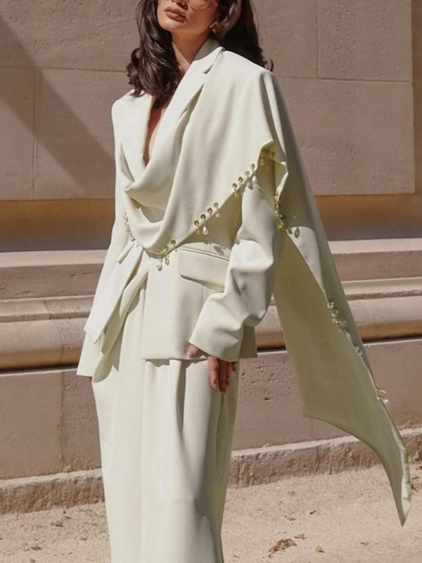 Waterfall Draped Pearl Crystal Bead Trim Asymmetrical Tailored Blazer - Image 2