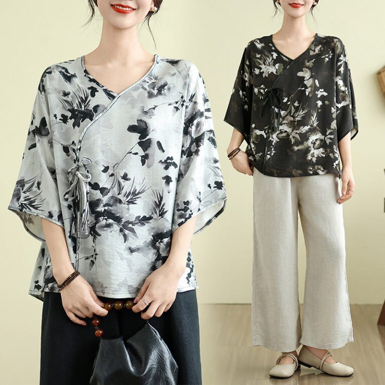 Womens Retro Loose-fitting Versatile Short-sleeve Top