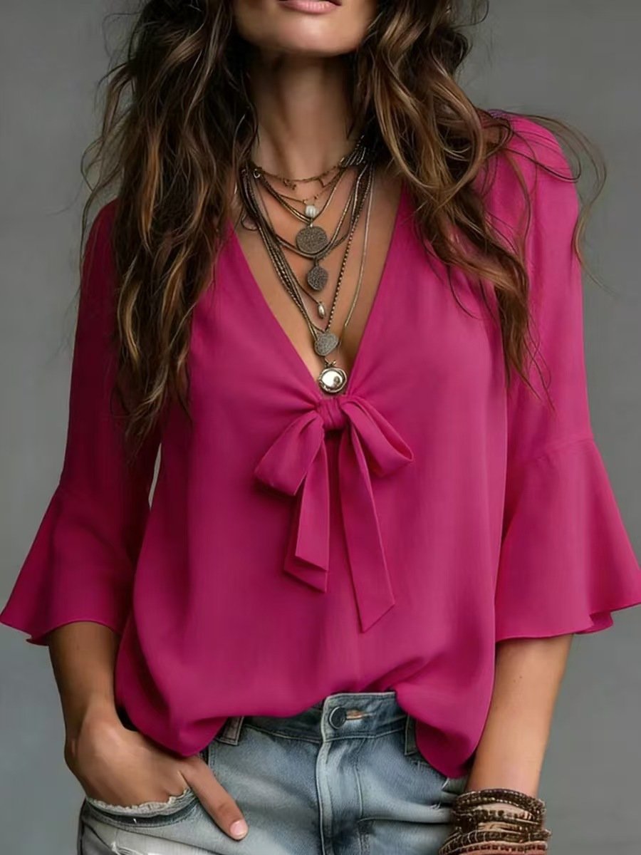 Elegant Woven Solid-color V-neck Top With Flared Sleeves - Image 9
