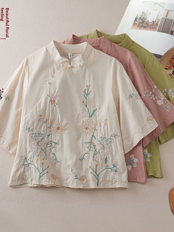 Chinese-style Embroidered Ramie Shirt For Women Spring Season With A Slanted Placket - Image 4