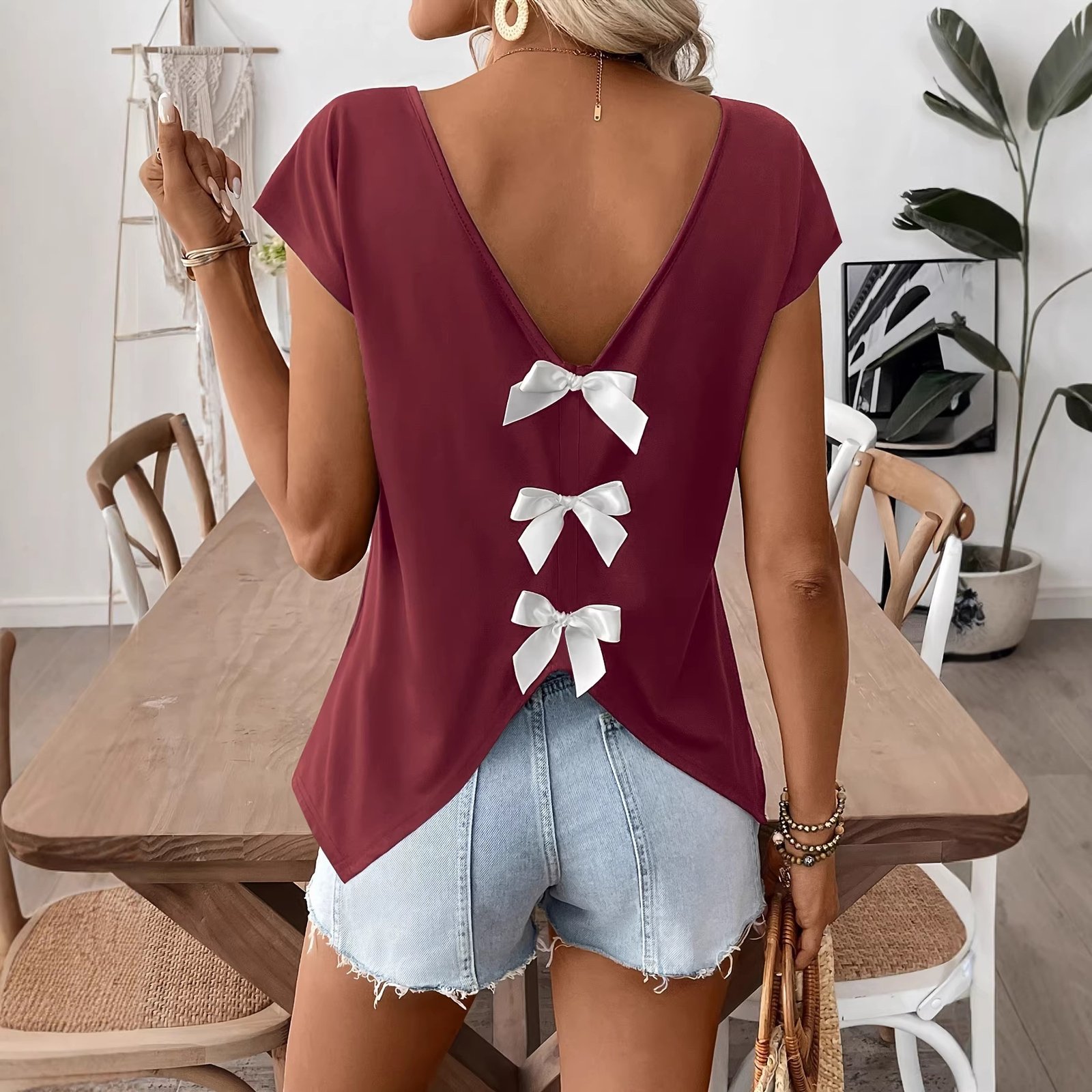 Womens V-neck Bow-detailed Slit Short-sleeve Knit - Image 2