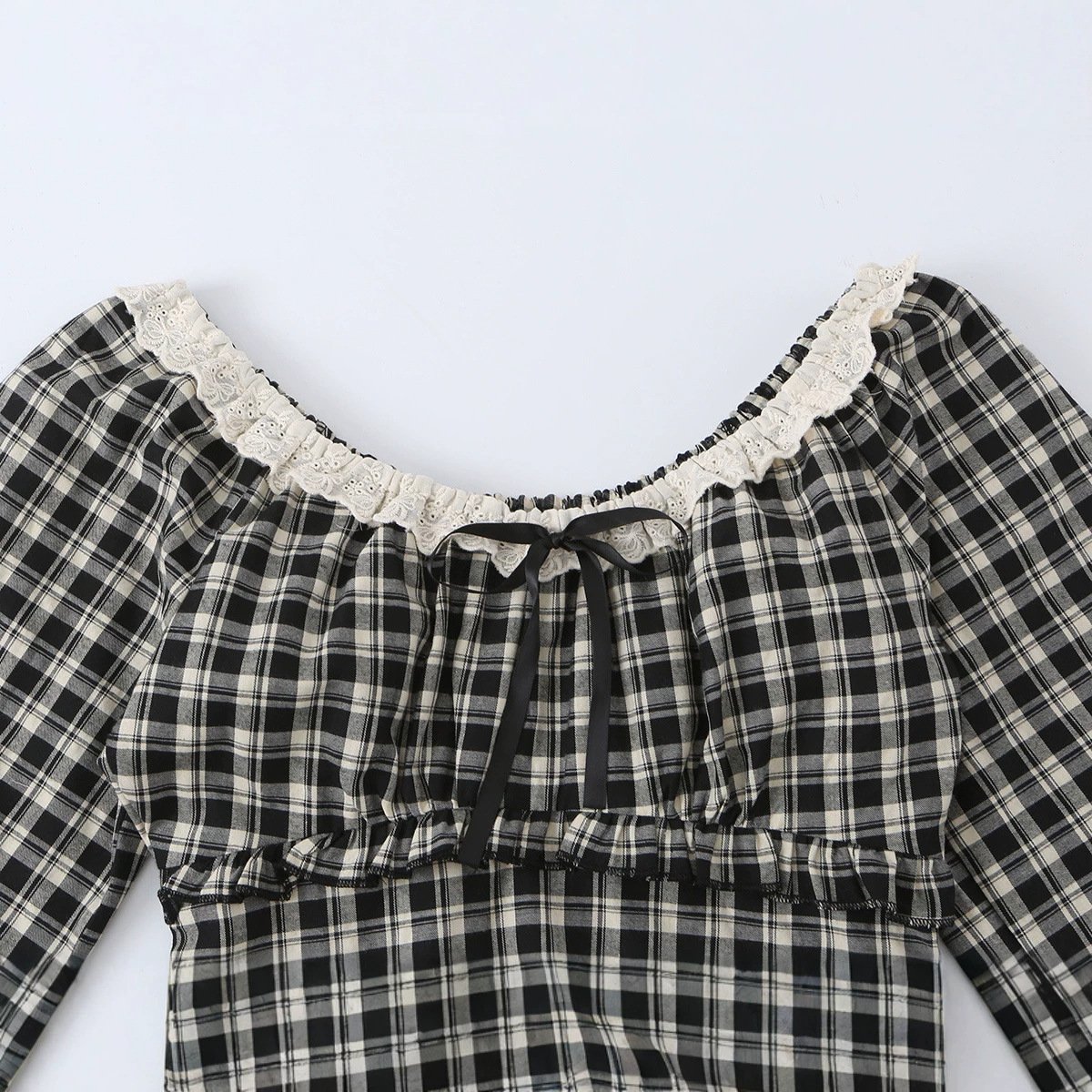 Retro Plaid Lace Square-Neck Short Top - Image 3