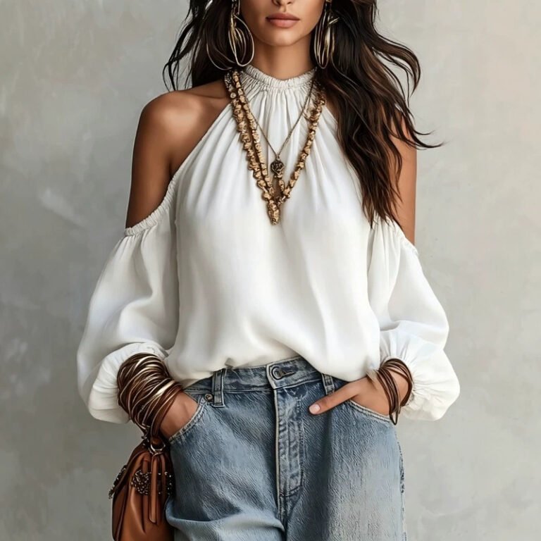 Off-shoulder Bubble-cuffed Lantern-sleeve Blouse