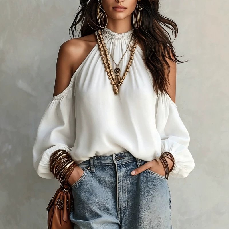 Off-shoulder Bubble-cuffed Lantern-sleeve Blouse