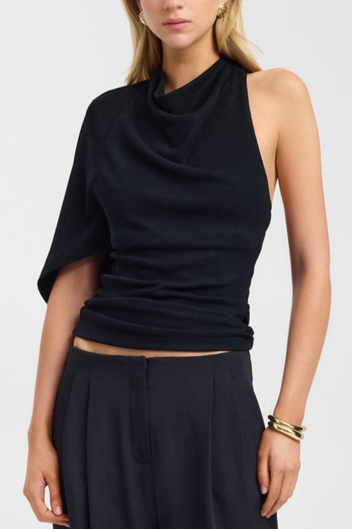 Black Backless Pleated Slim-Fit Commuter Short T-Shirt - Image 6
