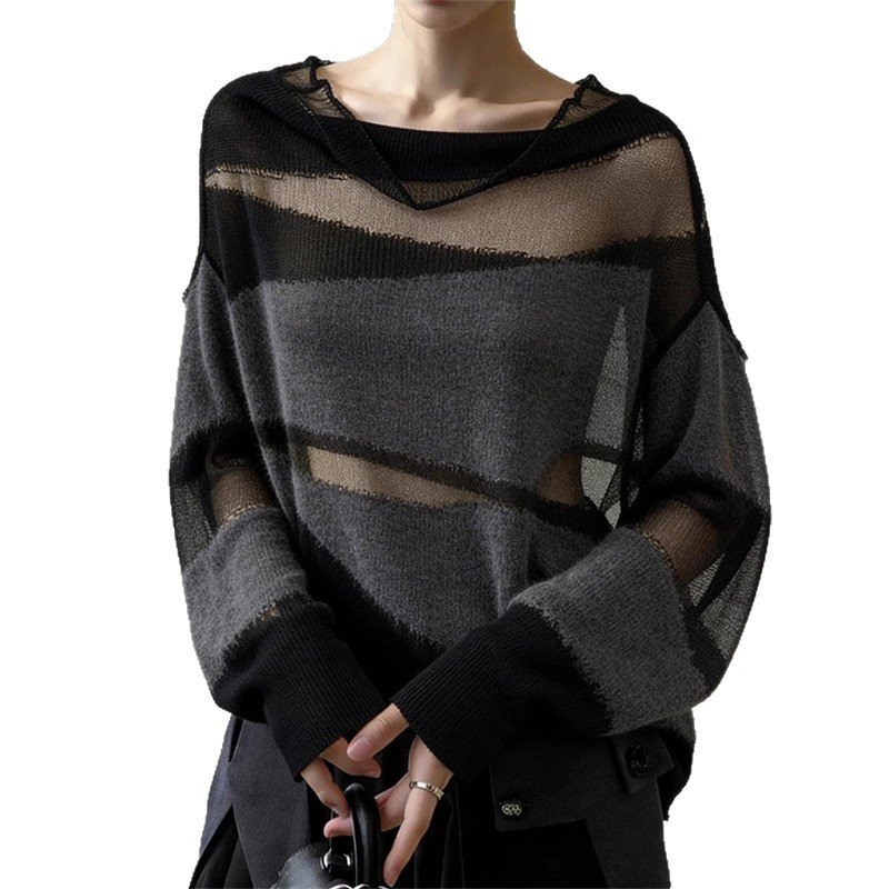 Korean-style Mesh-panel Design Relaxed-fit Blouse Long-sleeve Knit Top - Image 5