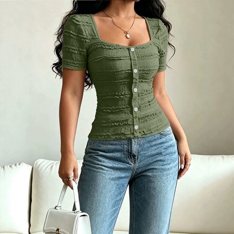 Casual Solid-color Buttoned Square-neck Short-sleeve T-shirt - Image 4