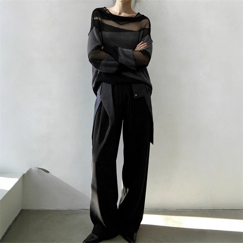 Korean-style Mesh-panel Design Relaxed-fit Blouse Long-sleeve Knit Top - Image 4