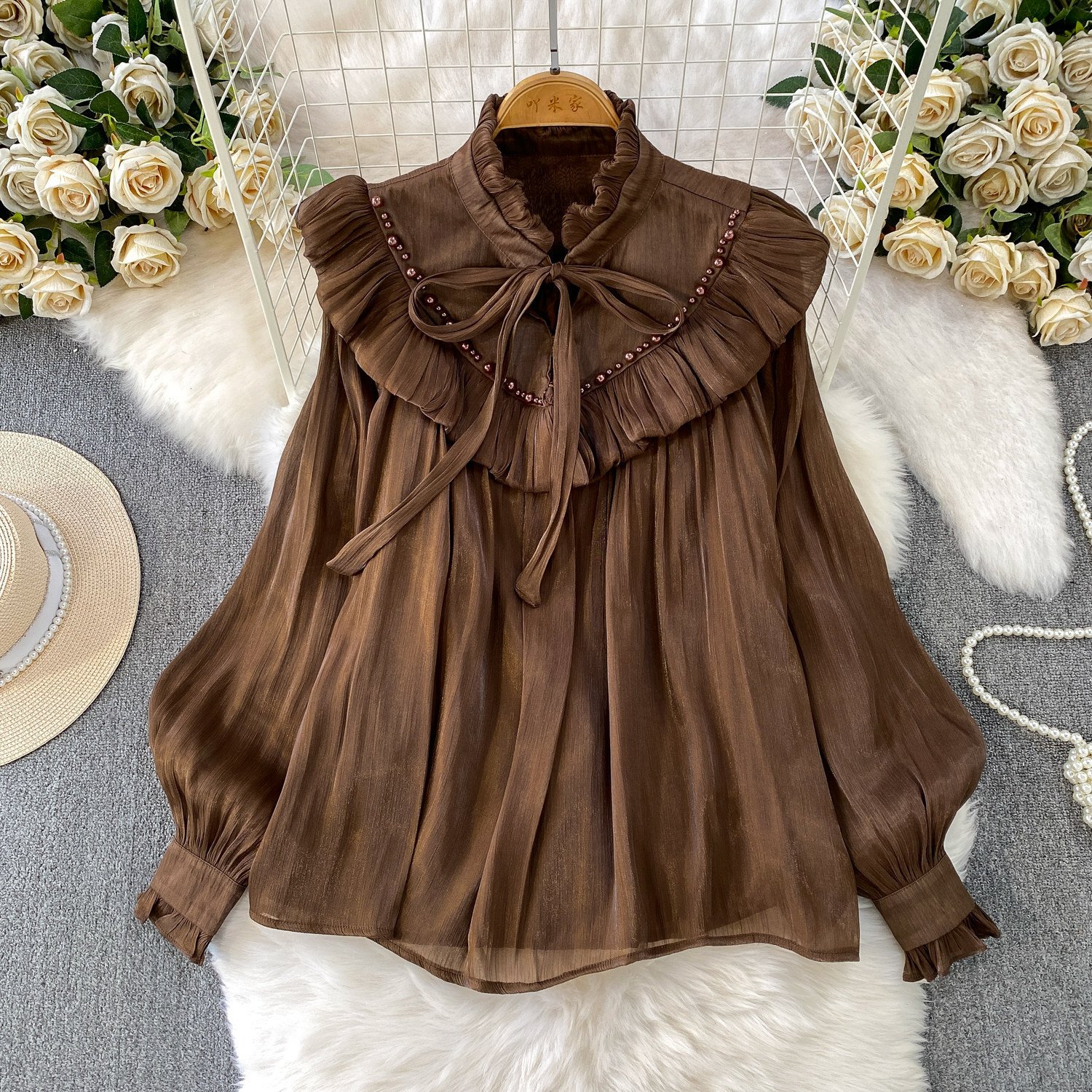 Fairy-style Sweet Ruffled Frill Lace-up Stand-collar Long-sleeve Blouse - Image 2