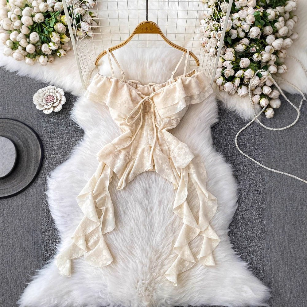 French-style Elegant Off-shoulder Camisole With Ruffled Trim - Image 2