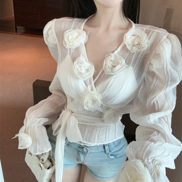 Womens Sheer Three-dimensional Floral Blouse