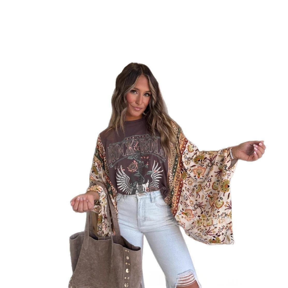 Womens Versatile Batwing-sleeve Top With A Printed Round Neck - Image 5