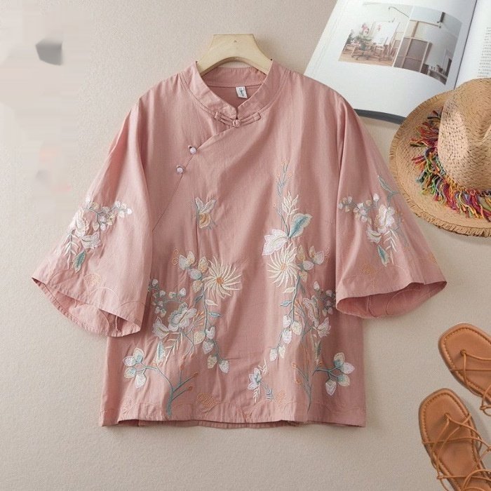Chinese-style Embroidered Ramie Shirt For Women Spring Season With A Slanted Placket