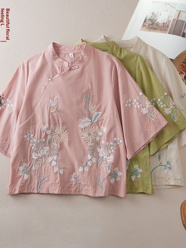 Chinese-style Embroidered Ramie Shirt For Women Spring Season With A Slanted Placket - Image 2