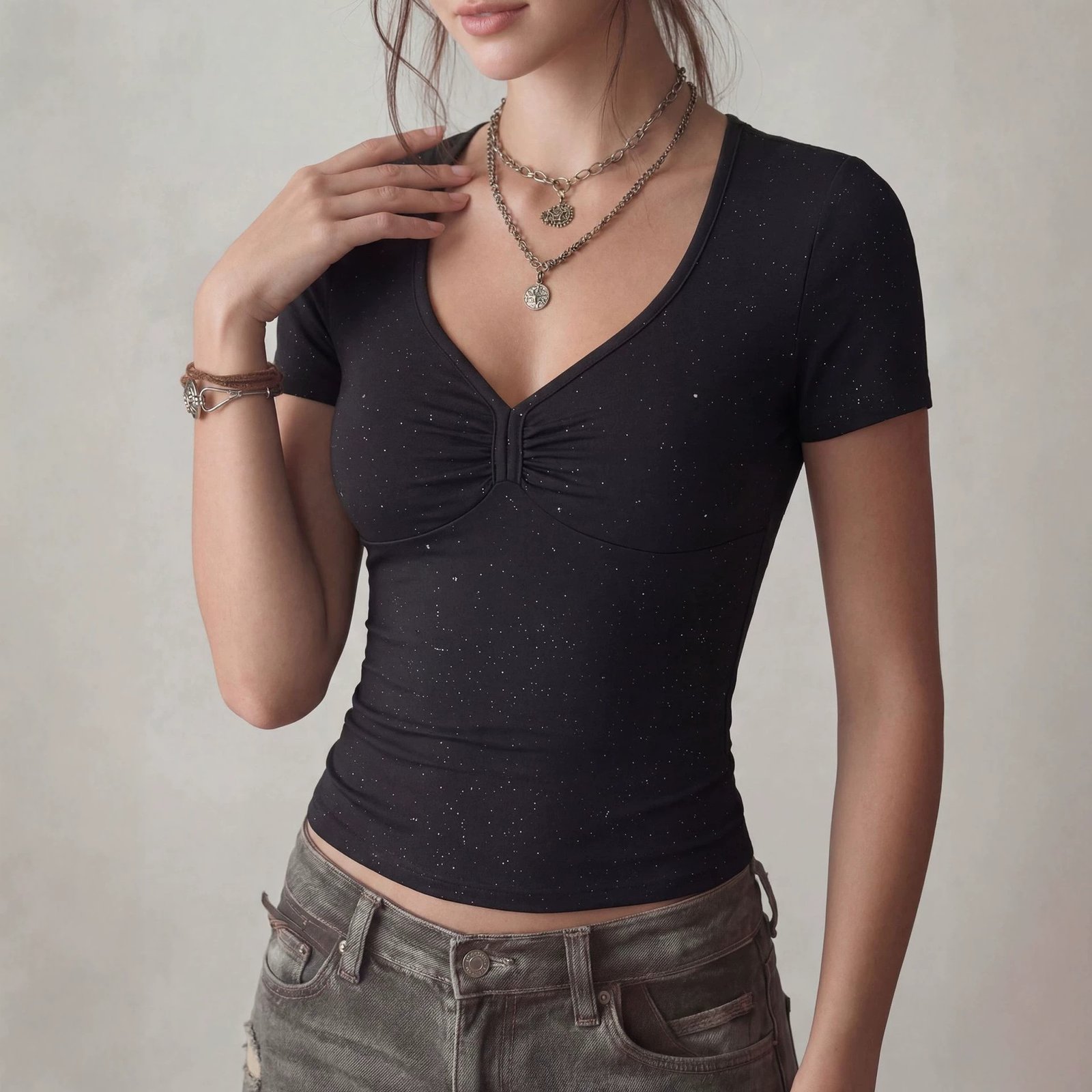 Sexy V-neck Fashion Silver-sequined Short-sleeve T-shirt Top - Image 3