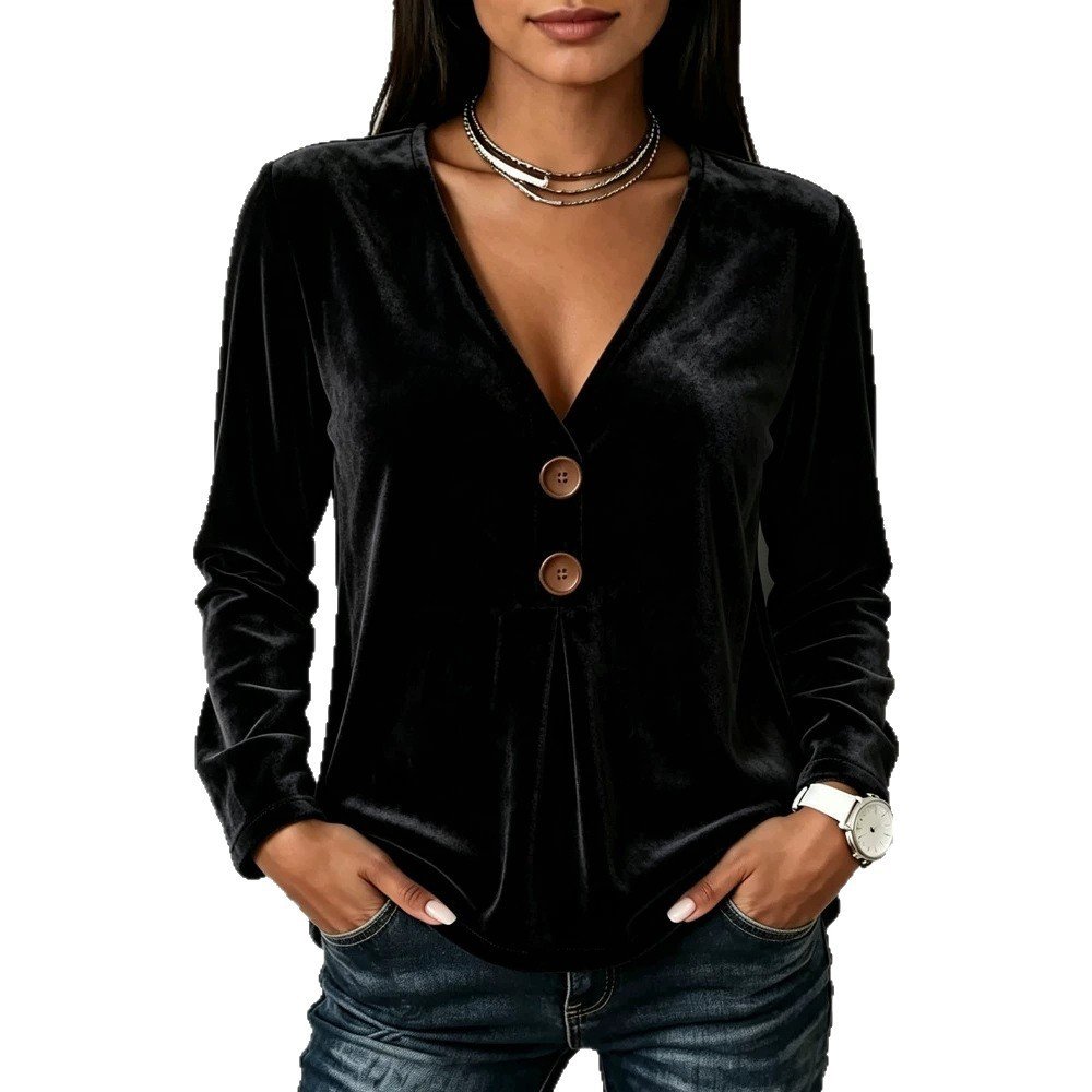 V-neck Velvet Solid-color Long-sleeve Womens T-shirt - Image 5