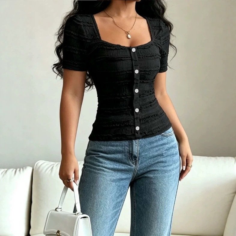 Casual Solid-color Buttoned Square-neck Short-sleeve T-shirt - Image 2