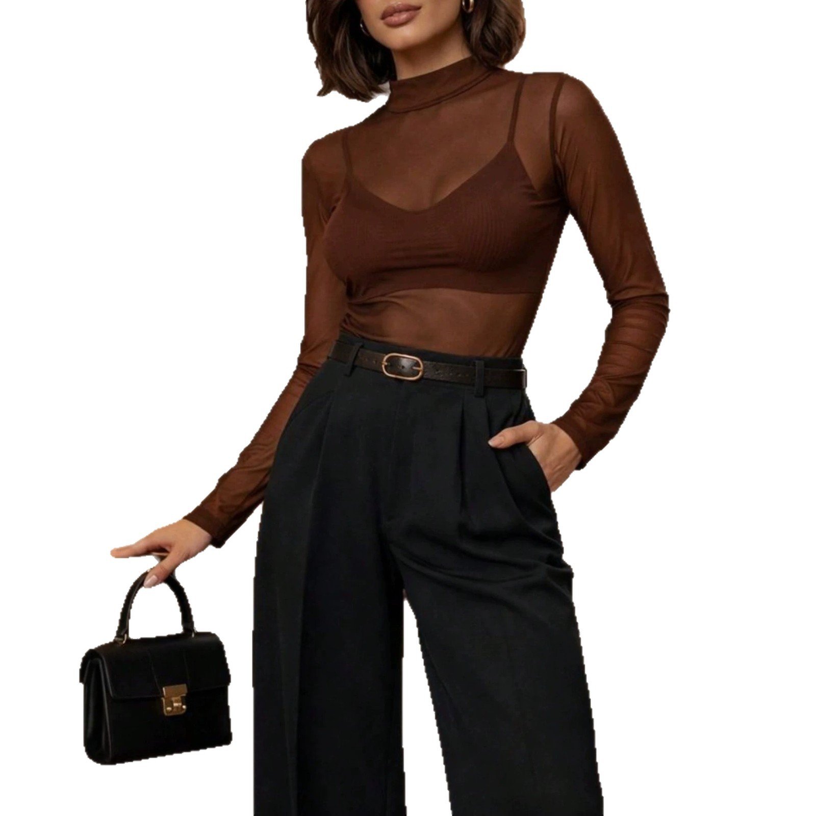 Womens Solid-color Mock-neck Sheer Mesh Bottoming Top - Image 2