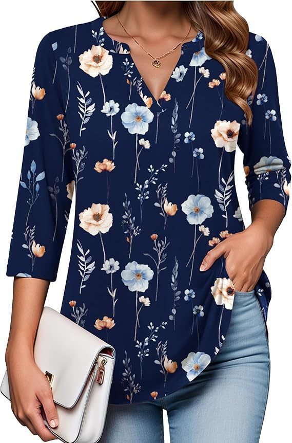 Womens Digital-Print Mid-Sleeve V-Neck Top - Image 6