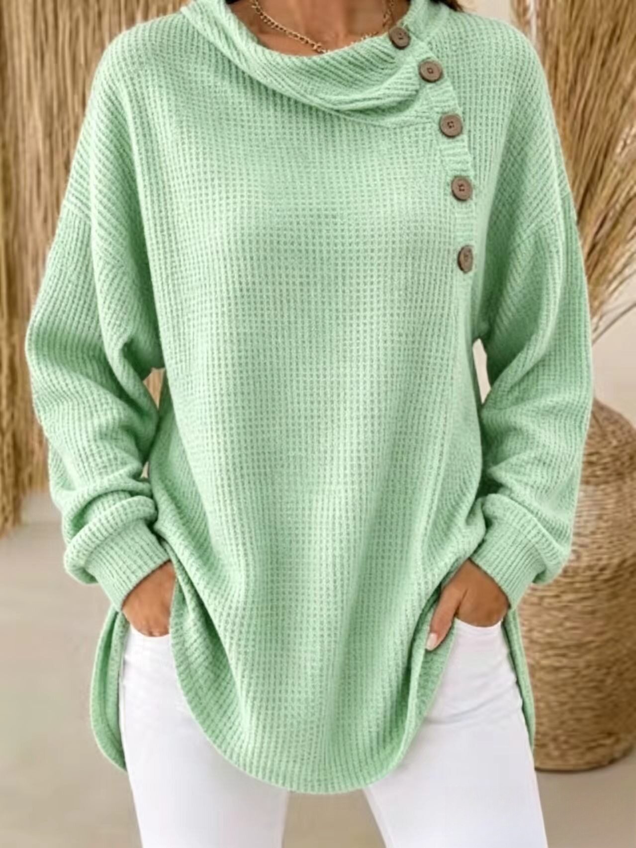 Womens Solid-Color Waffle-Weave Long-Sleeve Button-Up Casual Shirt Comfortable Top - Image 8
