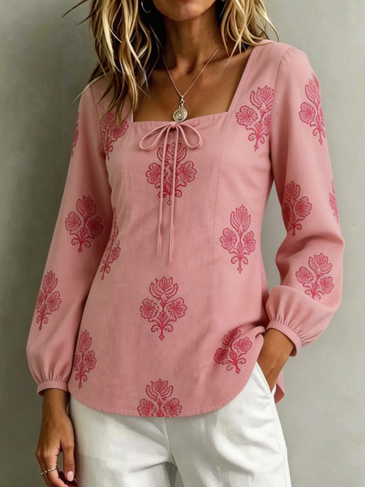 Womens Casual Long-sleeve Square-neck Top With A Standard Digital Print - Image 8