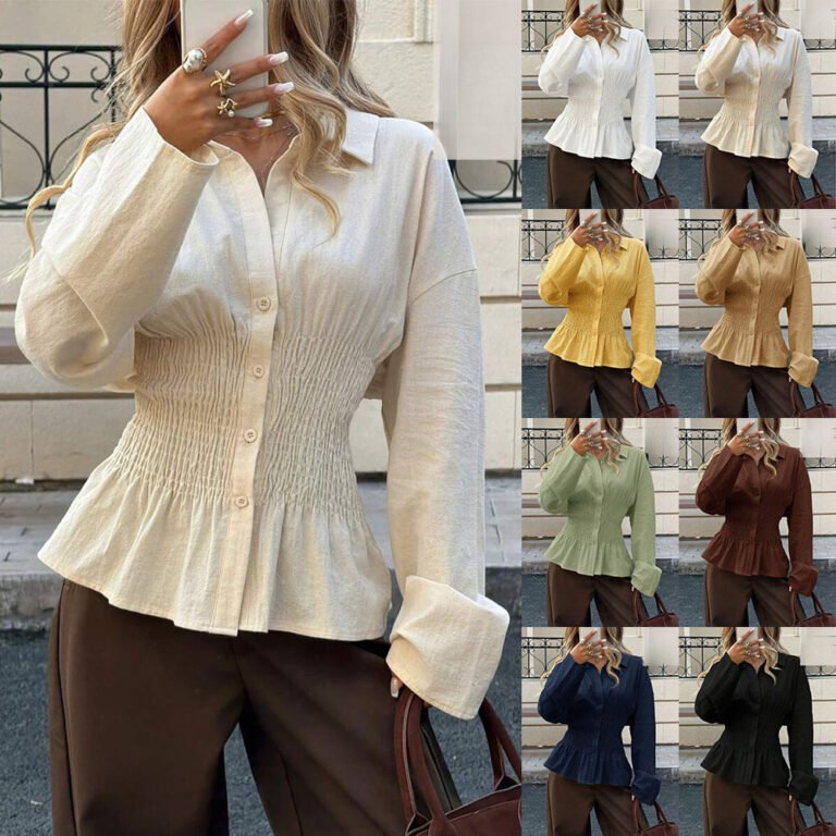 Elegant Solid-color Pleated Waist-cinching Blouse Top