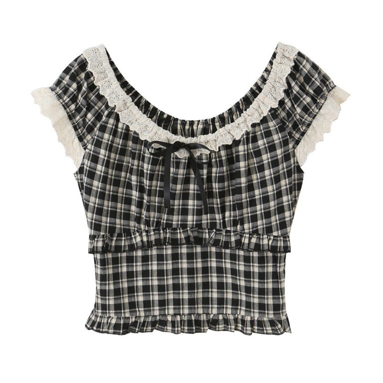 French-style Vintage Plaid Top With Ruffled Trim And Small Puff Sleeves